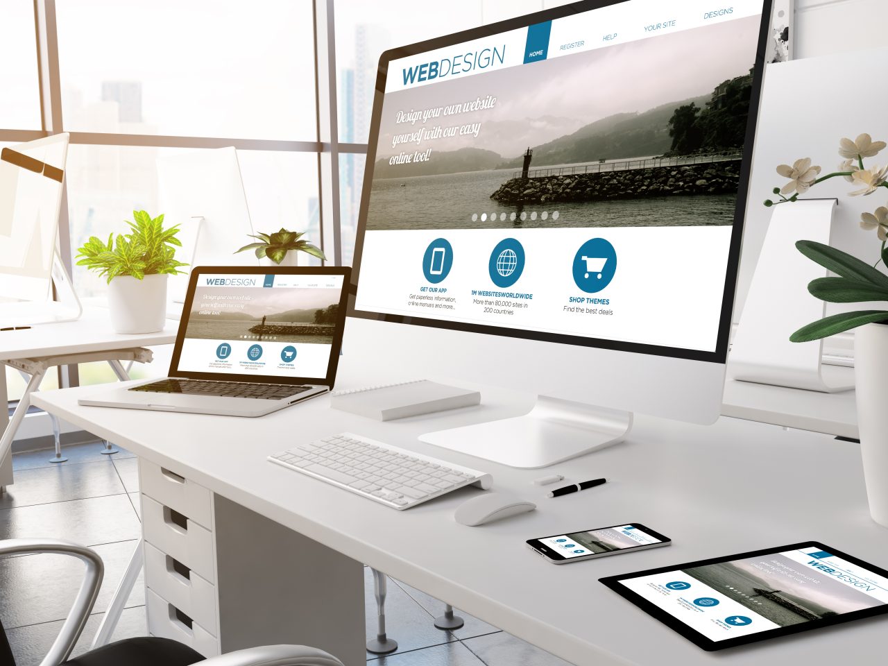 3d rendering devices on modern office. web designwebsite on screen.